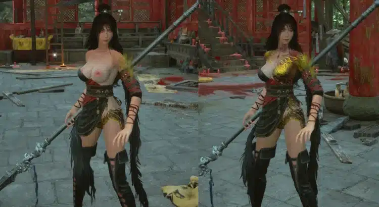 Side-by-side comparison of modded female character in revealing and original Overlord’s Regalia