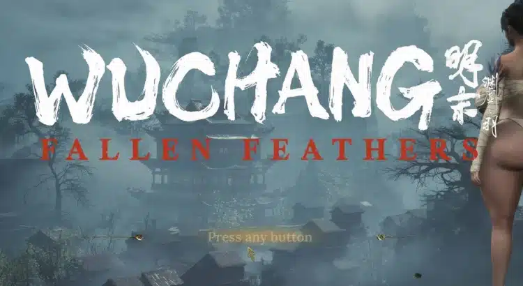 Wuchang Fallen Feathers title screen with curvy female warrior in revealing embroidered armor