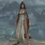 Wuchang character in skimpy version of Delicate Set overlooking misty village
