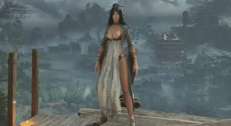 Wuchang character in skimpy version of Delicate Set overlooking misty village