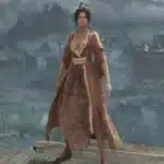 Character in skimpy Palace Maiden robe overlooking ancient village in Wuchang