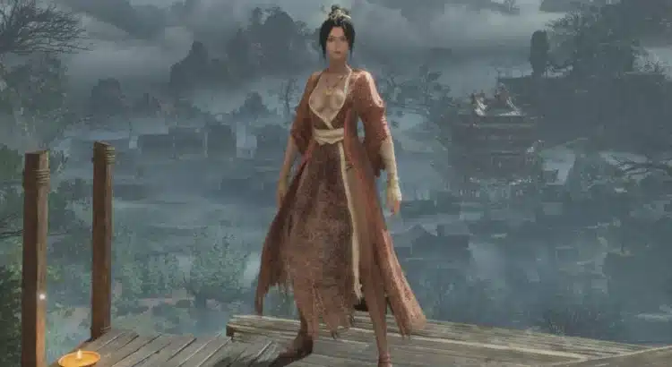 Character in skimpy Palace Maiden robe overlooking ancient village in Wuchang