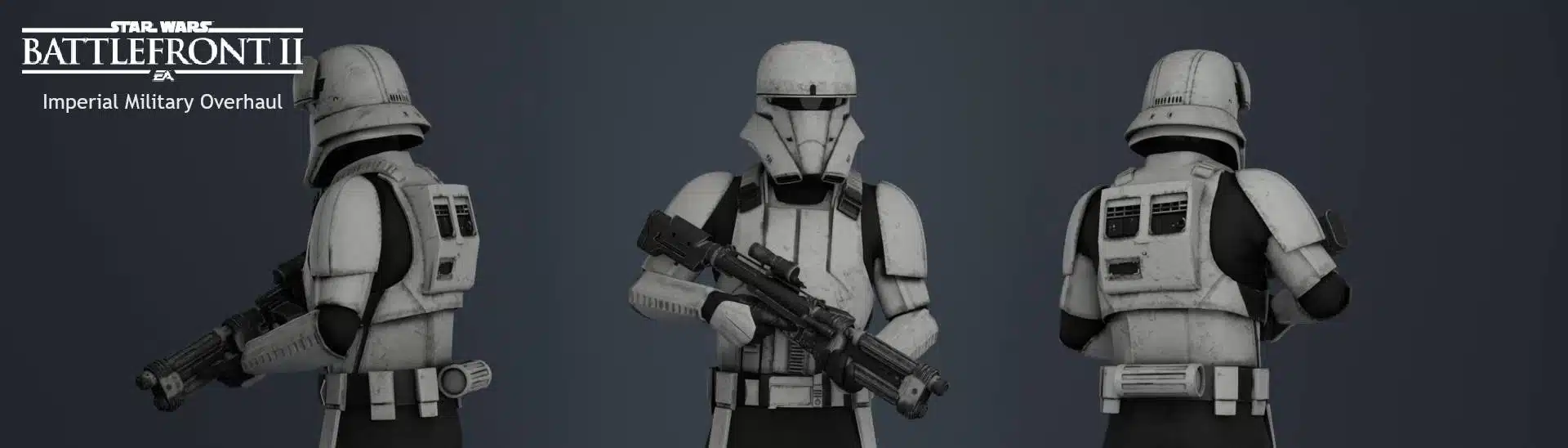 Imperial Combat Pilot armor front, side, and rear view from Battlefront II mod