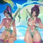 Front and rear view of Psylocke in thicc bikini mod on beach background