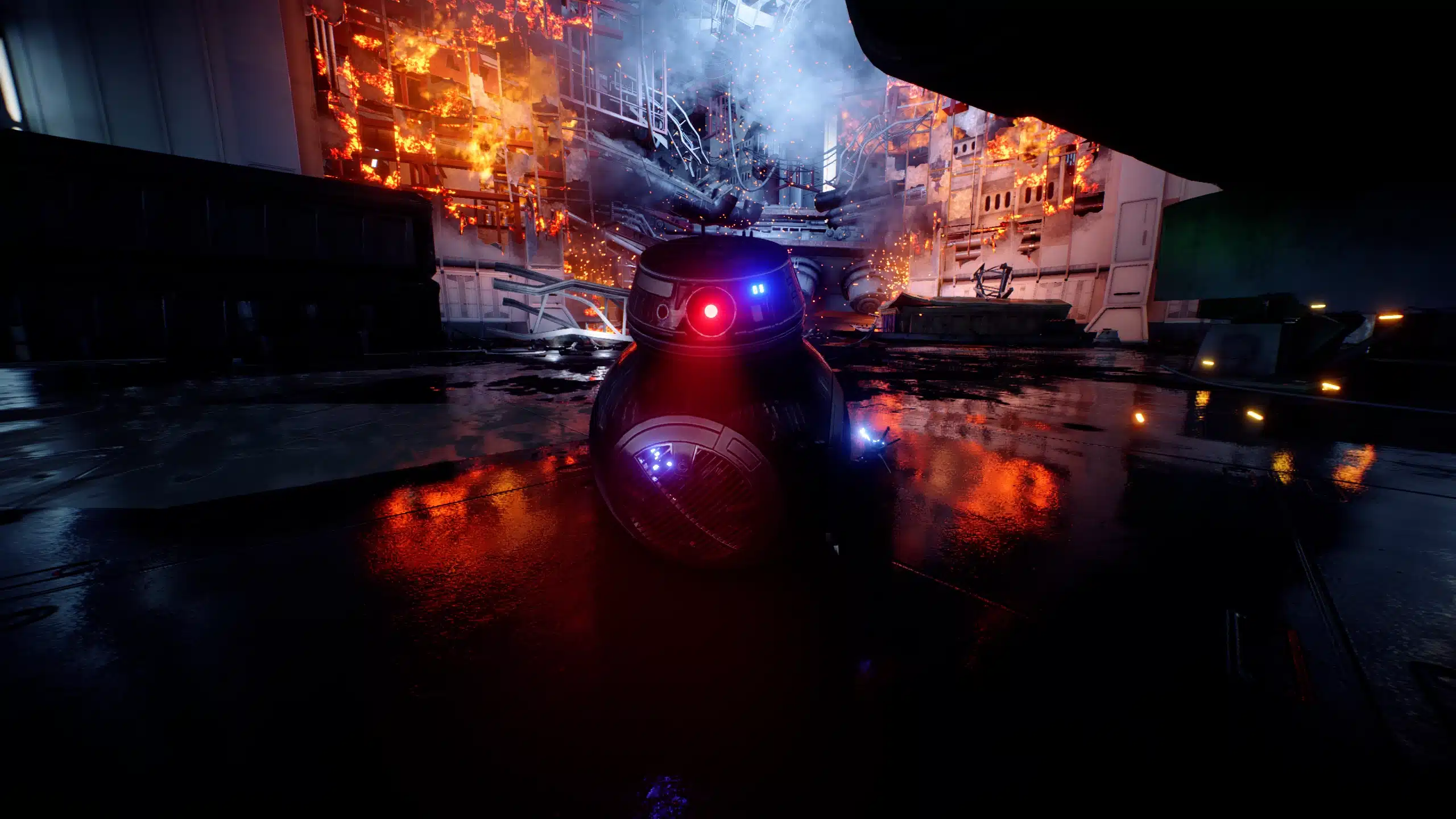 BB-9E droid in Battlefront II with fire and destruction in the background