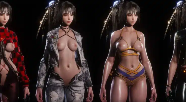 Eve wearing multiple revealing outfits from the Lewd Wardrobe mod in Stellar Blade