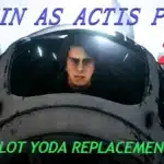Anakin Skywalker in Yoda's starfighter cockpit with text overlay