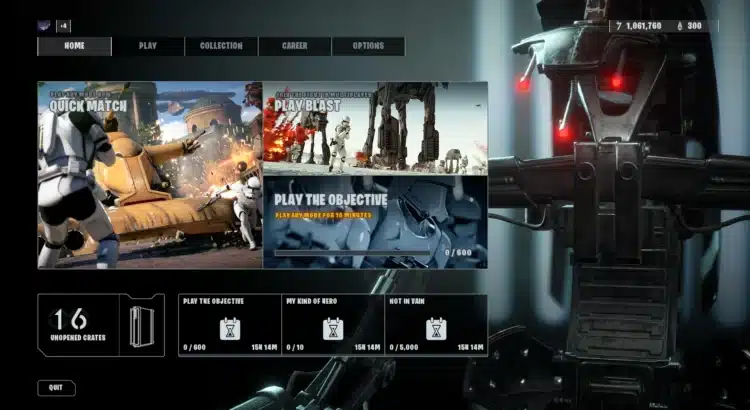 Star Wars Battlefront II Quick Match screen with clone troopers and objectives