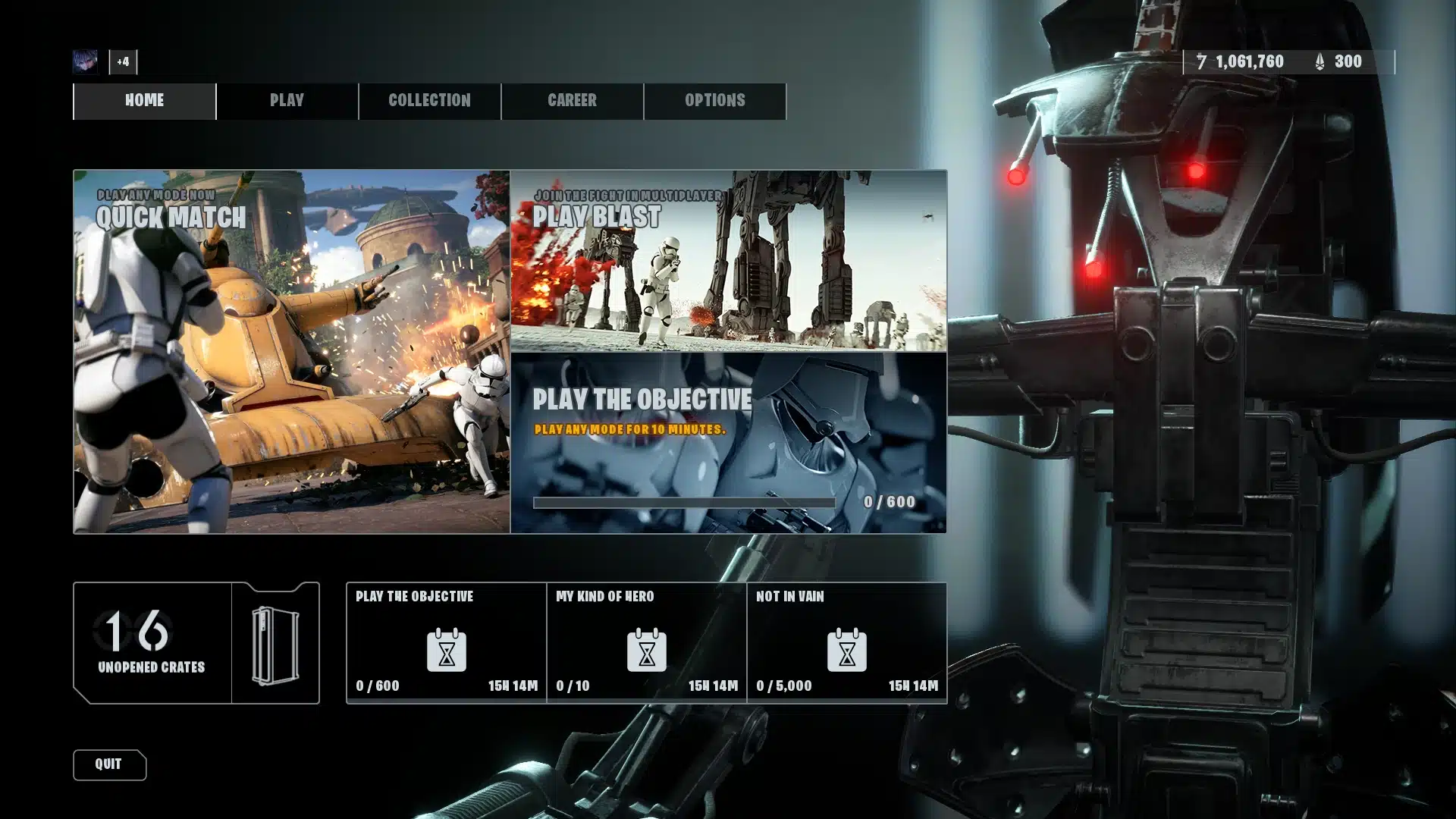 Star Wars Battlefront II Quick Match screen with clone troopers and objectives