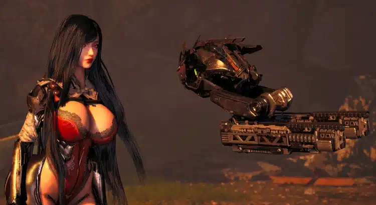 Stellar Blade NSFW Thick Royal Guard mod featuring Eve in armored lace bodysuit with drone companion