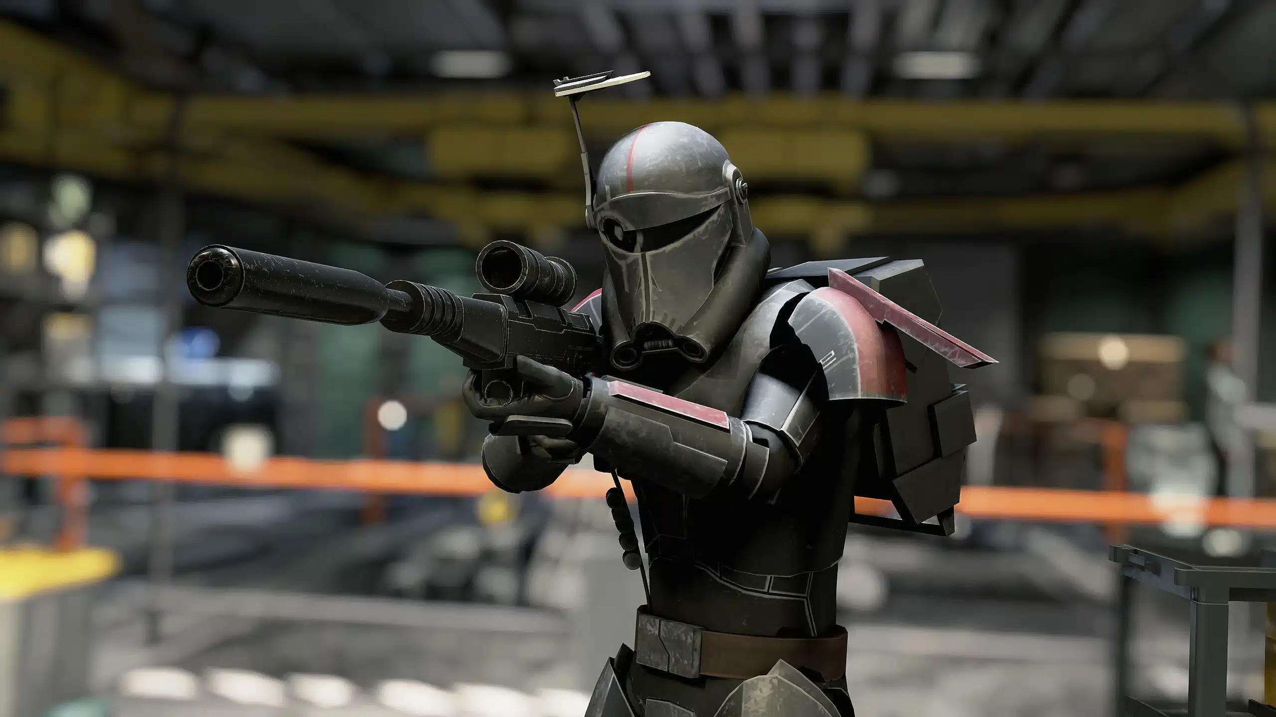 Crosshair clone armor aiming a sniper rifle in Starfield