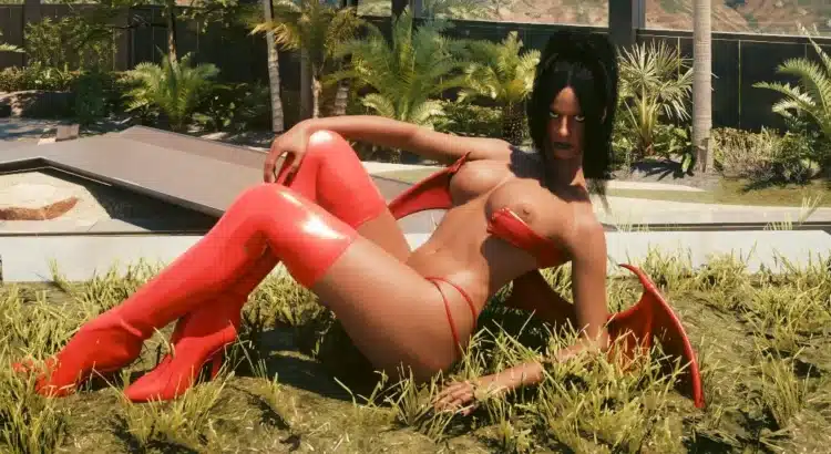 Female V in red over-the-knee boots and succubus outfit posing in a luxury garden
