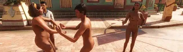 Nude NPCs interacting in a sunlit plaza in Far Cry 6