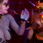 Cyberpunk characters dancing in revealing outfits with futuristic neon lighting