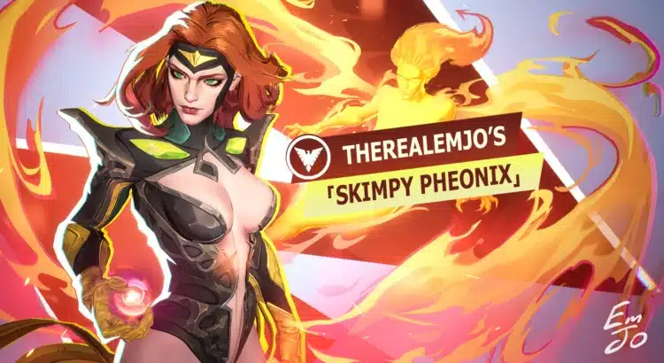 Splash art of Skimpy Phoenix mod for Marvel Rivals with blazing fiery background