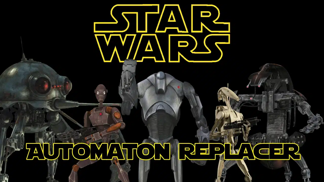 Star Wars battle droid lineup with mod title text for Helldivers 2