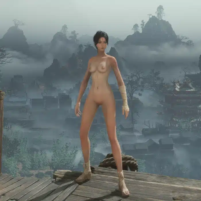 Nude female character standing in misty mountain landscape