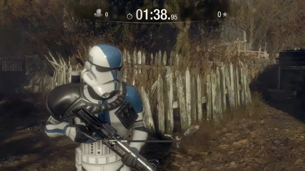 Triton Squad Clone Trooper standing in RE4 village environment