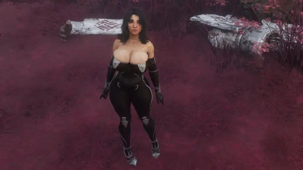 Full-body front view of Lune in tight Shadow Walker bodysuit with exaggerated curves