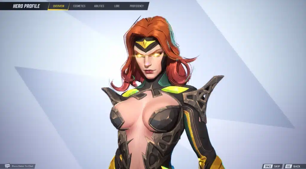 Close-up of Phoenix mod showing redesigned skimpy armor in Marvel Rivals hero menu