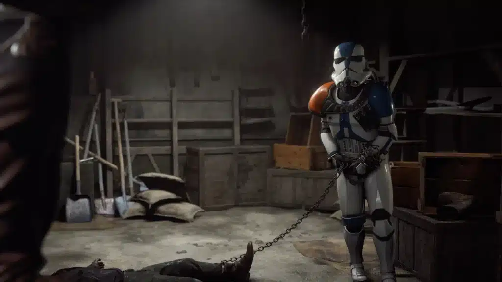 Triton Squad Clone Trooper holding chained captive in a dark RE4 cabin