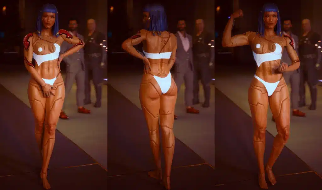 Full-body front, back, and side view of cybernetic female character in white lingerie
