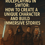 Four SWTOR characters—Jedi, Sith, smuggler, and Togruta—pose aboard a starship with the article title about SWTOR roleplaying above them.