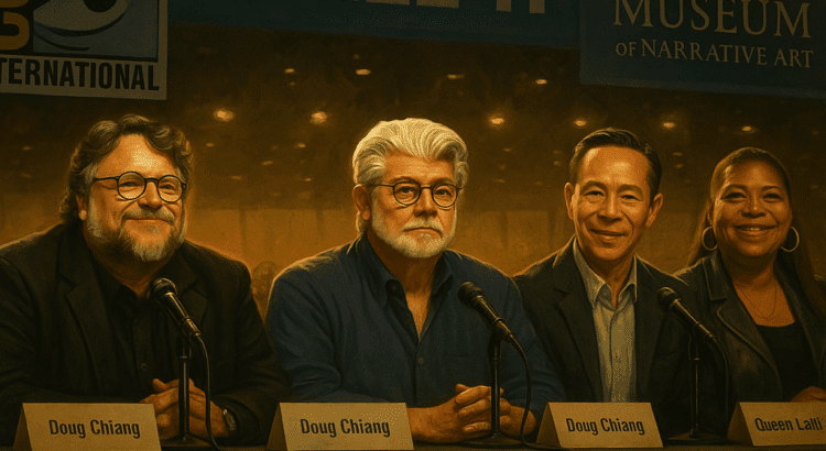 George Lucas at Comic-Con panel in Hall H with Guillermo del Toro, Doug Chiang, and Queen Latifah