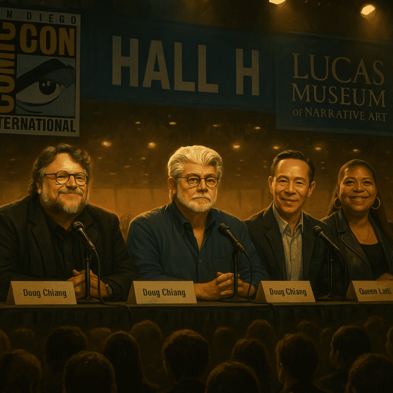 George Lucas at Comic-Con panel in Hall H with Guillermo del Toro, Doug Chiang, and Queen Latifah
