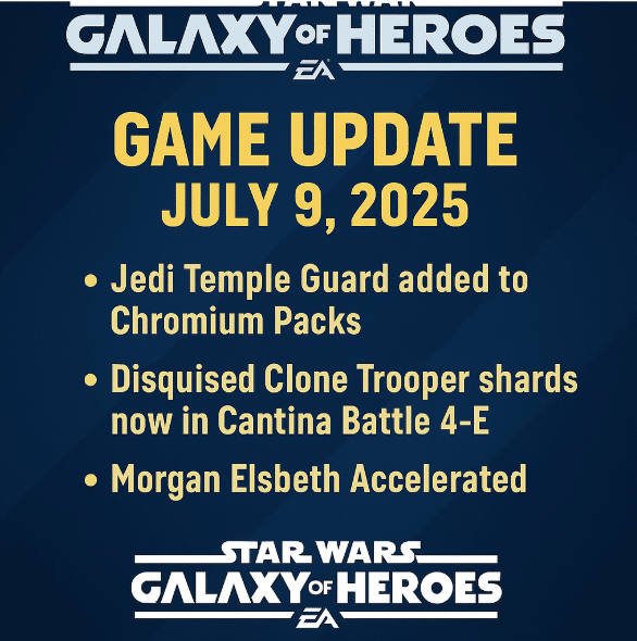 Star Wars Galaxy of Heroes July 9, 2025 Update announcement image featuring patch notes and update highlights