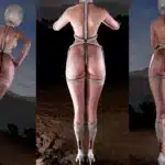 Eve in rope bondage outfit striking side and front poses in Stellar Blade
