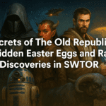 Star Wars: The Old Republic characters including a Jedi, Sith, Twi'lek, and R2-D2 in a dramatic illustrated scene with a glowing lightsaber.