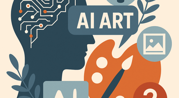 Flat-style illustration of a human head with circuit brain, AI ART text, artist palette, and digital icons representing the intersection of artificial intelligence and creative technology.