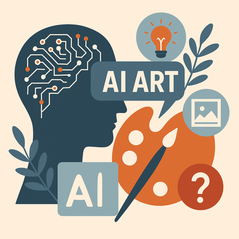 Flat-style illustration of a human head with circuit brain, AI ART text, artist palette, and digital icons representing the intersection of artificial intelligence and creative technology.