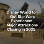 Text overlay announcing Star Wars attractions closing at Disney World in 2025