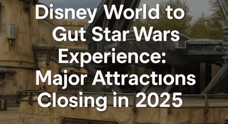 Text overlay announcing Star Wars attractions closing at Disney World in 2025