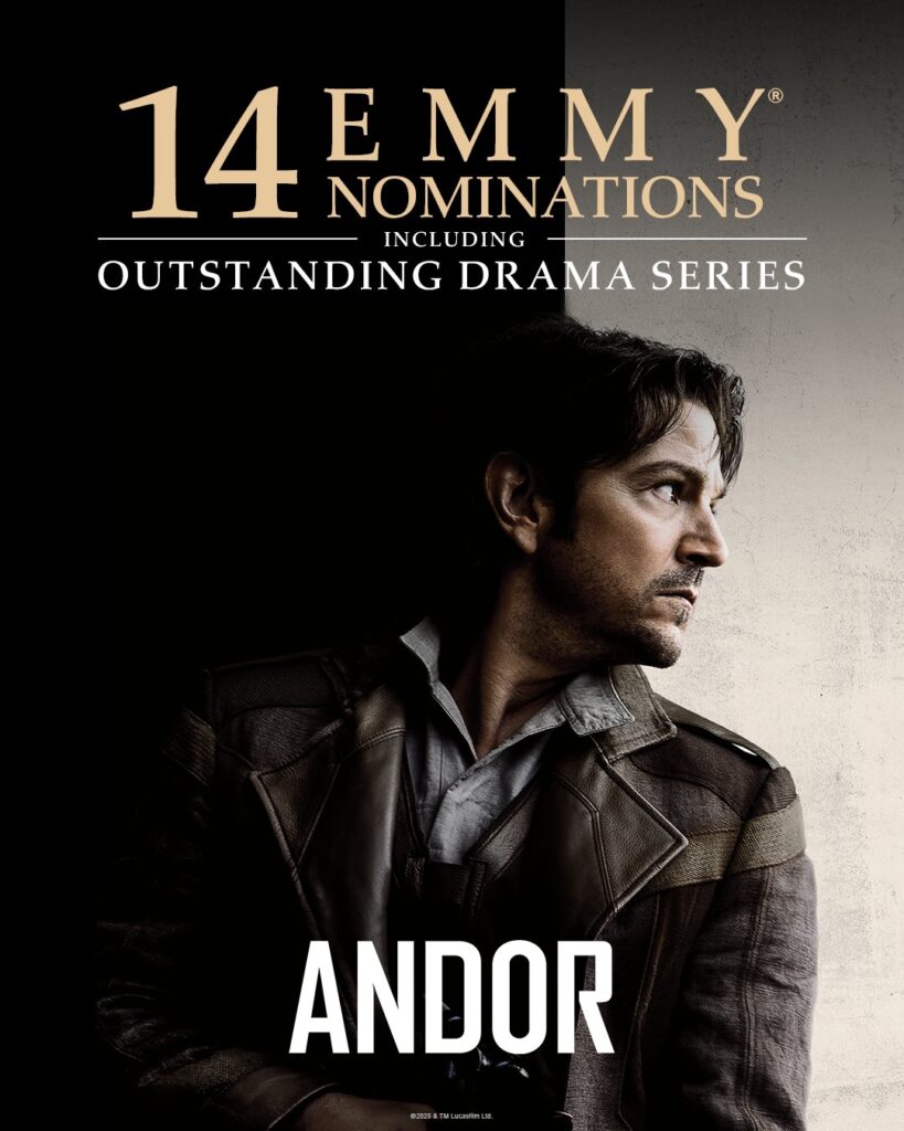 Cassian Andor profile with text “14 Emmy Nominations including Outstanding Drama Series”