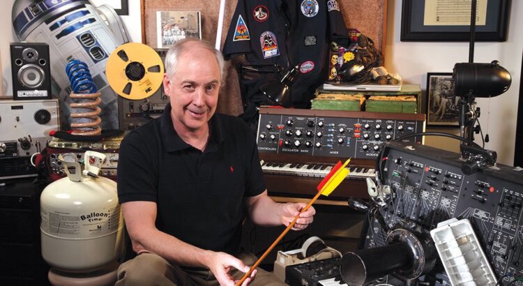 Ben Burtt in his sound design studio surrounded by vintage equipment and Star Wars props