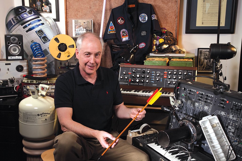 Ben Burtt in his sound design studio surrounded by vintage equipment and Star Wars props
