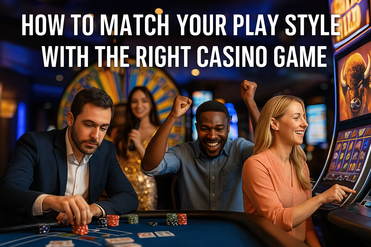 Four diverse players enjoying different casino games at a modern gaming table