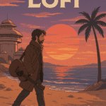 Cassian Andor walking with a guitar along Niamos Beach at sunset in a lo-fi Star Wars illustration