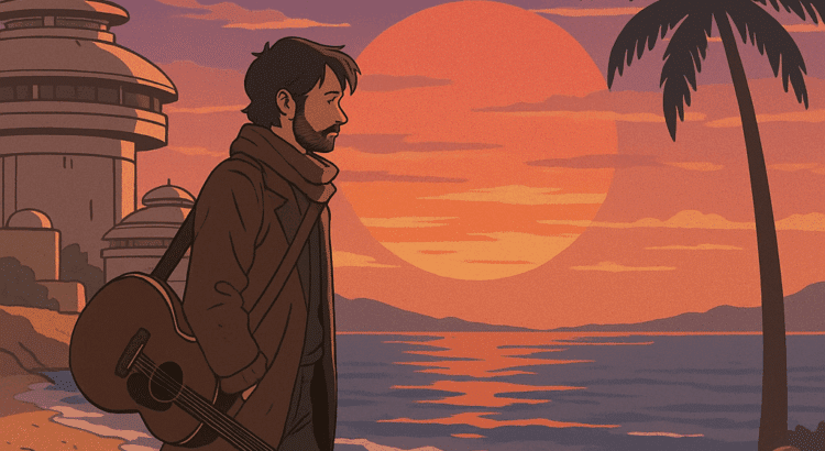 Cassian Andor walking with a guitar along Niamos Beach at sunset in a lo-fi Star Wars illustration