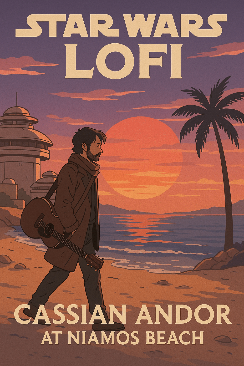 Cassian Andor walking with a guitar along Niamos Beach at sunset in a lo-fi Star Wars illustration