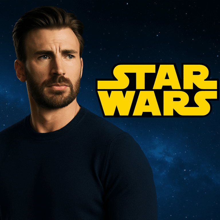 Chris Evans in a Star Wars-inspired sci-fi setting with cosmic background and spaceship silhouette