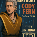 Digital birthday artwork featuring a stylized version of Dagan Gera from Star Wars Jedi: Survivor with bold text saying "Happy Birthday Cody Fern."