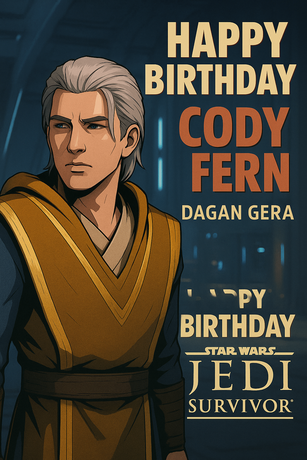 Digital birthday artwork featuring a stylized version of Dagan Gera from Star Wars Jedi: Survivor with bold text saying "Happy Birthday Cody Fern."