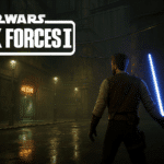 Kyle Katarn in Unreal Engine 5 remake of Star Wars: Dark Forces II holding a blue lightsaber in urban sci-fi environment