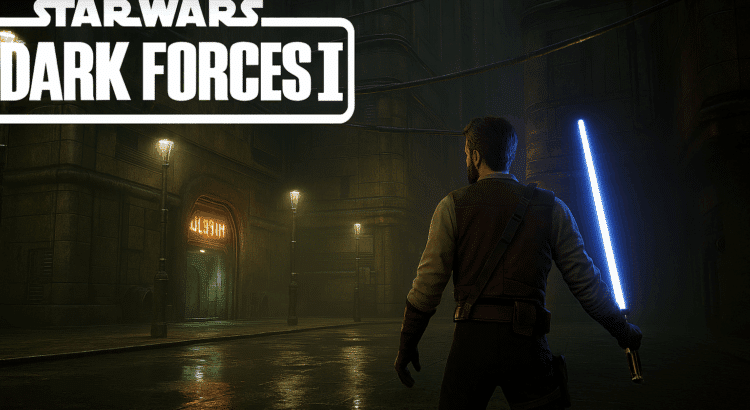 Kyle Katarn in Unreal Engine 5 remake of Star Wars: Dark Forces II holding a blue lightsaber in urban sci-fi environment