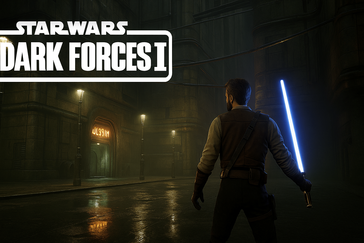 Kyle Katarn in Unreal Engine 5 remake of Star Wars: Dark Forces II holding a blue lightsaber in urban sci-fi environment