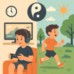 Split-screen illustration showing a child gaming indoors on one side and playing outside in nature on the other, with a yin-yang symbol representing balance.